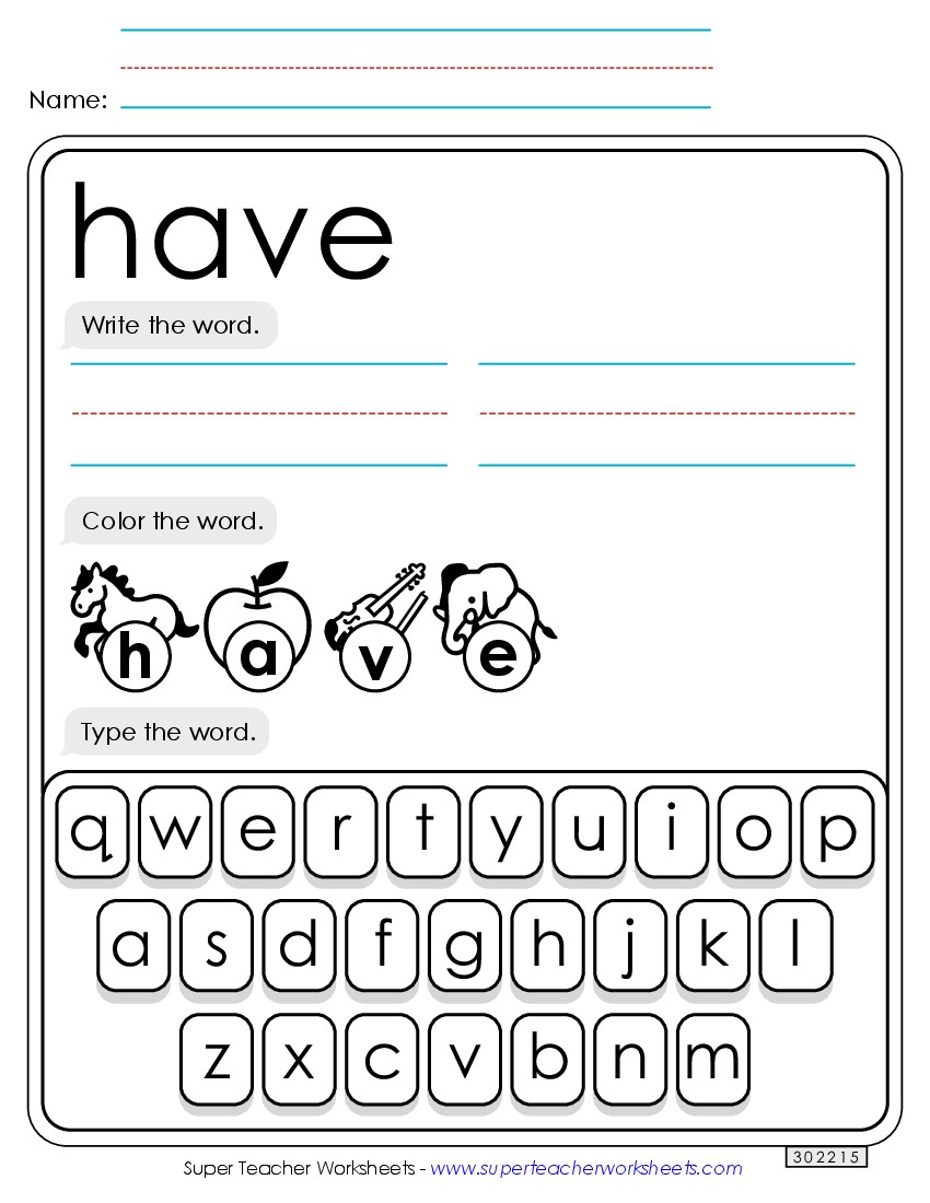 Write, Color, Type: Have Sight Words Individual Worksheet