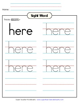 Trace the Word: Here Sight Words Individual Worksheet