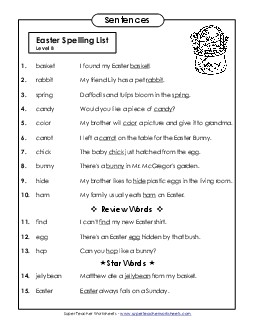 Spelling Test Sentences (B-Easter)  Spelling B Worksheet