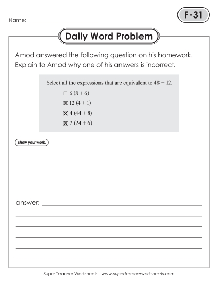 New Daily Word Problems<BR>F-31 through F-35 Worksheet New Daily Word Problems<BR>F-31 through F-35 Worksheet