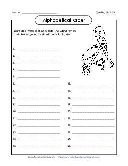 ABC Order: Write List (E-24) Spelling E Worksheet