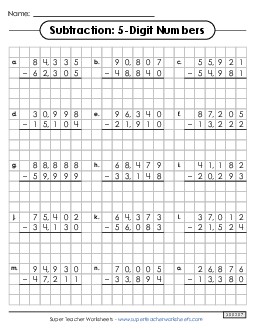 Graph Paper Subtraction (5-Digit) Worksheet