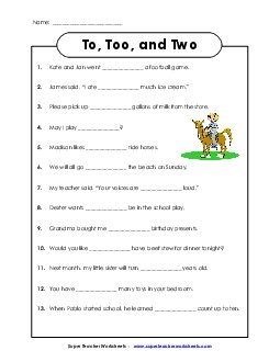 To, Too, and Two (Homophones) Worksheet