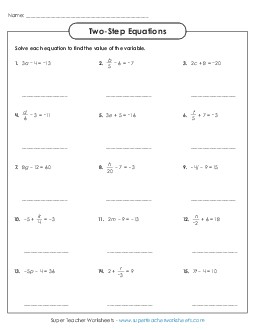 Two-Step Equations Worksheet 1 (Intermediate) Worksheet