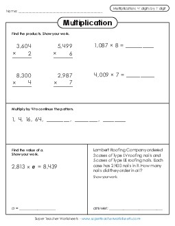 Multiplication Variety: 4-digit by 1-digit Worksheet