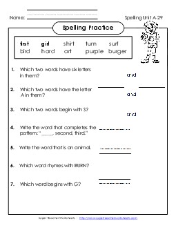 Spelling Practice (A-29) Spelling A Worksheet