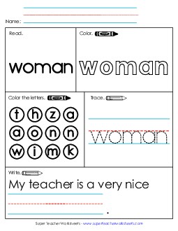 Worksheet 1: Woman Free Sight Words Individual Worksheet