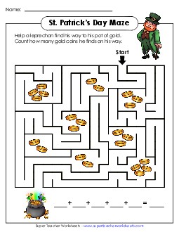 Leprechaun Coin Maze (Intermediate) Addition Worksheet