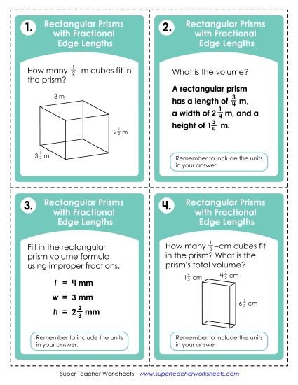 aTask Cards: Volume of Rectangular Prisms <br>(Fractional Edge Lengths & Unit Cubes)