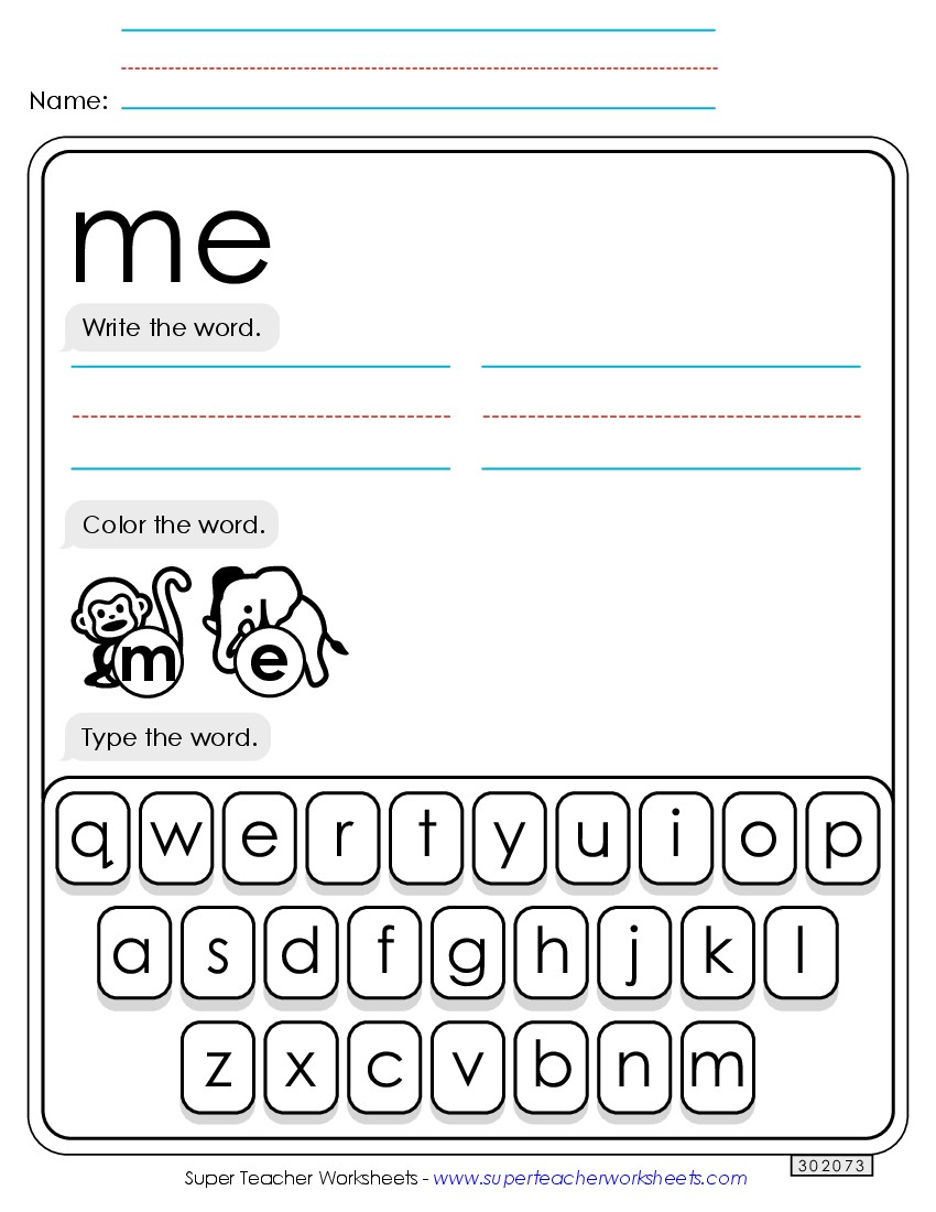 Write, Color, Type: Me Sight Words Individual Worksheet