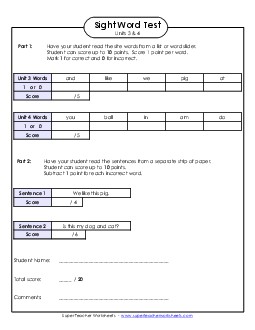 Biweekly Reading Test (Units 3 & 4) Sight Words Worksheet