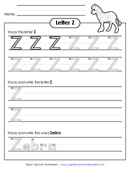 Uppercase Z (Outlined Letters) Printing Handwriting Worksheet