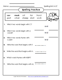 Spelling Practice (A-27) Spelling A Worksheet