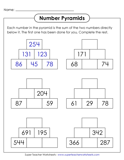 New Number Pyramids: 3-Digit Numbers Worksheet New Number Pyramids: 3-Digit Numbers Worksheet