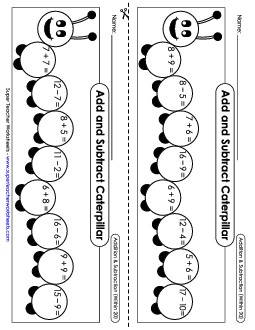 Caterpillar: Addition & Subtraction (Within 20) Mixed Addition Subtraction Worksheet