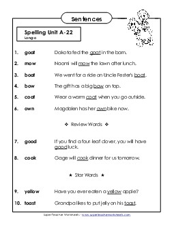 Spelling Test Sentences (A-22) Spelling A Worksheet