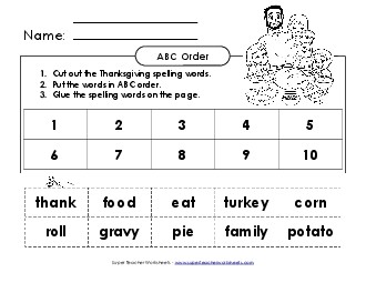 ABC Order: Cut and Glue (A-Thanksgiving)  Spelling A Worksheet