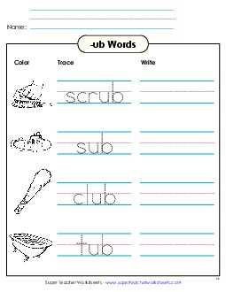 Trace and Write (-ub) Word Families Worksheet