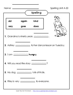 Sentence Completion (A-30)  Spelling A Worksheet