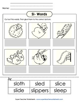 Cut and Glue (Sl- Words)  Phonics Blends Worksheet