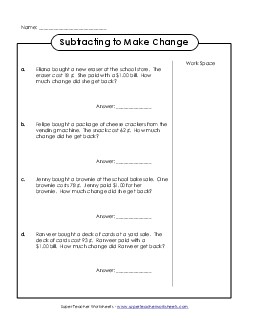 Making Change: Subtracting Amounts Under a Dollar Subtraction Worksheet