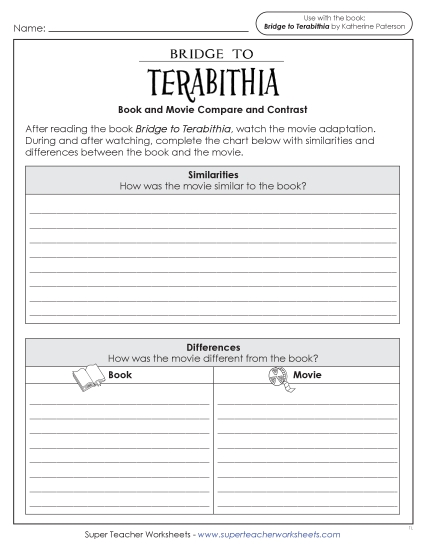 New Bridge to Terabithia <br>Movie - Book Compare & Contrast Worksheet