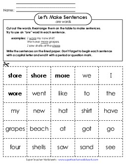 Make Sentences: Word Cards (-ore) Free Word Families Worksheet