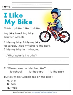 I Like My Bike Reading Comprehension Reading Comp Kindergarten Worksheet