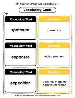 Vocabulary Cards for Chapters 1-4 Books Worksheet