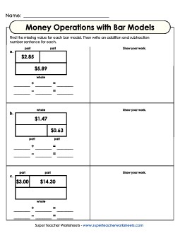 Money Operations with Bar Models  Mixed Addition Subtraction Worksheet