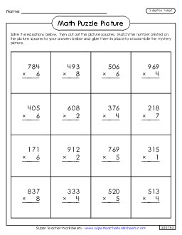 Multiplication Puzzle Picture: Valentine\'s Day (3-Digit by 1-Digit) Worksheet