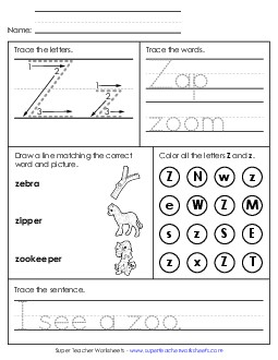 Letter Z - Mixed Skills (Intermediate) Alphabet Worksheet