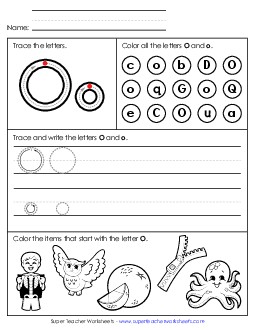 Tracing, Writing, and Recognizing Letter O Alphabet Worksheet