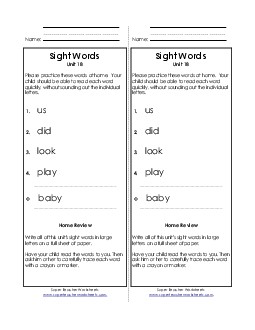 Take-Home List (Unit 18)  Sight Words Worksheet