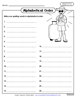 Alphabetical Order: Whole List (F-24)  Spelling F Worksheet