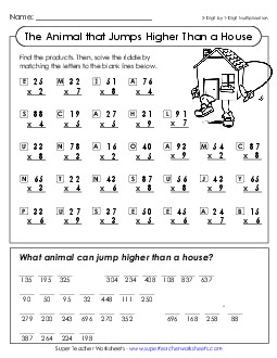 Jumping House (Multiply 2-Digit by 1-Digit) Multiplication Worksheet