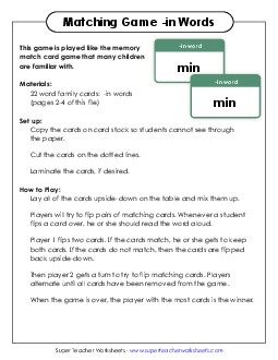 Memory Match Game (-ight) Word Families Worksheet