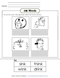 Cut and Glue (-ink) Word Families Worksheet