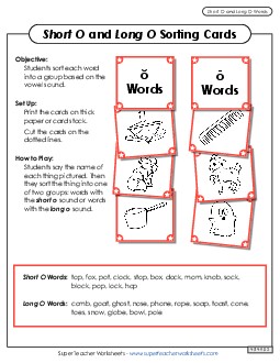 Picture Card Sort: Long O, Short O Phonics Vowels Worksheet