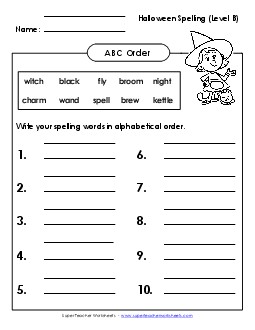 ABC Order: Write List (B-Halloween)  Spelling B Worksheet