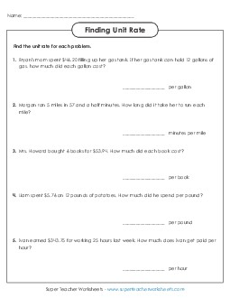 Finding Unit Rate (Intermediate) Worksheet