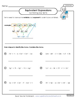 Combining Like Terms (Advanced #3) Expressions Equivalent Worksheet