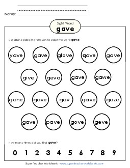 Dab or Color: Gave Sight Words Individual Worksheet