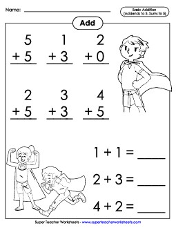 Basic Addition Facts: Superheroes (Addends to 5; Sums to 5) Free Worksheet