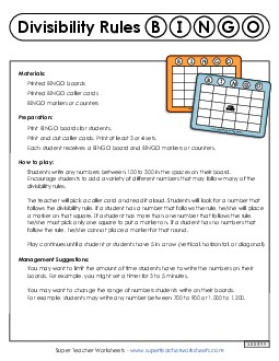 Divisibility Rules Bingo Worksheet