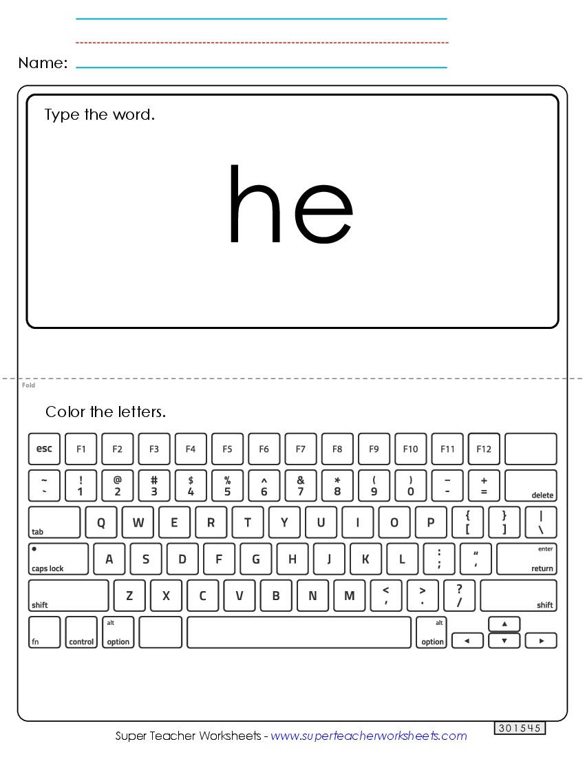 Type the Word: He Sight Words Individual Worksheet