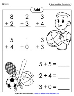 Basic Addition Facts: Sports (Addends to 10; Sums to 10) Worksheet