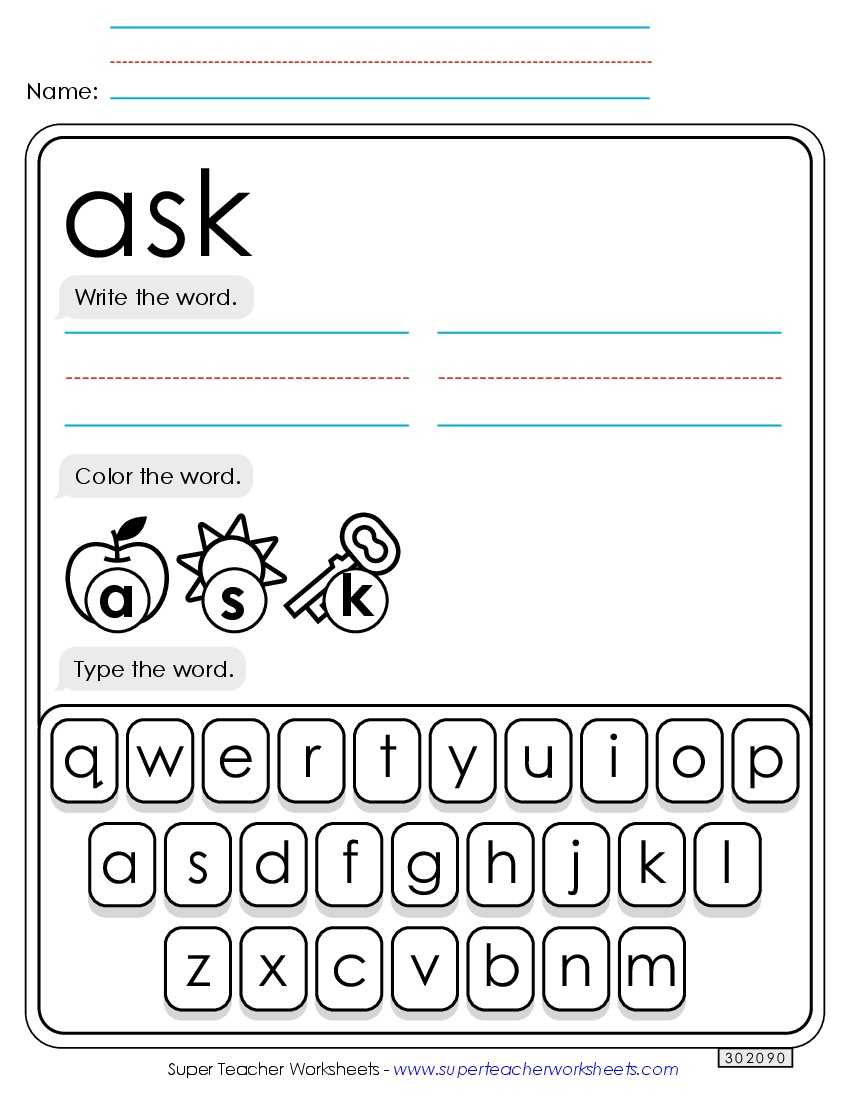 Write, Color, Type: Ask Sight Words Individual Worksheet