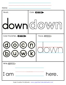 Worksheet 1: Down Sight Words Individual Worksheet