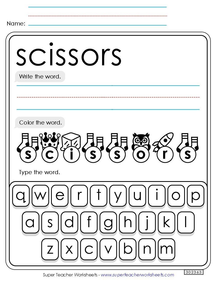 Write, Color, Type: Scissors Sight Words Individual Worksheet